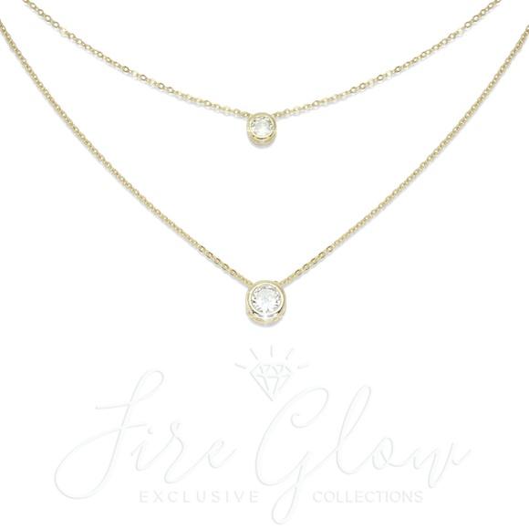 2 Tier Double Round Gems Charm Necklace Gold Tone - Picture 2 of 12